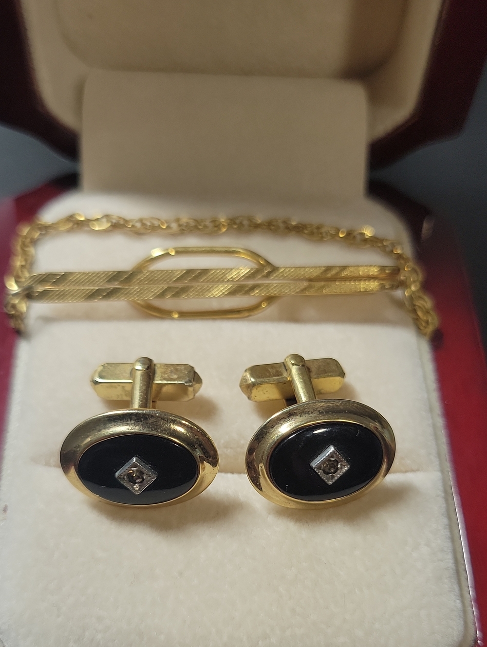 Classic Black Onyx and Gold Tone Cufflinks with Crystal Accent